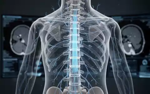 Nahaufnahme eines menschlichen Wirbelsäulenmodells mit leuchtendem Epiduralraum und Nervenbahnen, im Hintergrund unscharfe medizinische Bilder. - Foto: über boerse-global.de
