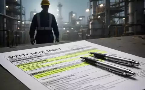 Nahaufnahme eines Sicherheitsdatenblatts mit Text und einem Stift, im Hintergrund eine verschwommene Silhouette einer Person in Arbeitskleidung. - Foto: über boerse-global.de