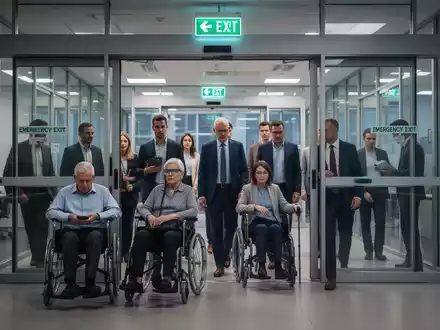 Eine vielfältige Gruppe von Menschen, darunter Rollstuhlfahrer, verlässt ruhig ein modernes Bürogebäude durch einen Notausgang. - Foto: über boerse-global.de