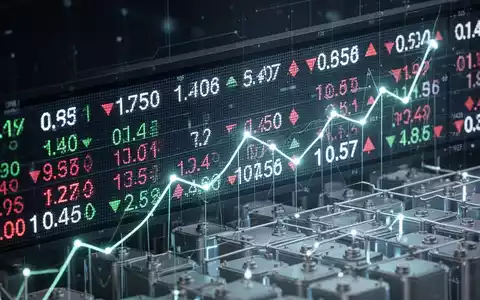 Ein stilisierter, leuchtender Börsenticker mit Finanzdaten, überlagert von einer abstrakten Darstellung von Energiespeichertechnologie. - Foto: über boerse-global.de