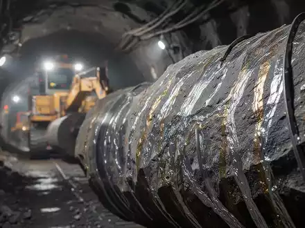 Nahaufnahme eines Bohrkerns mit metallischen Adern, unscharfer Hintergrund mit Bergbauausrüstung in einem Tunnel. - Foto: über boerse-global.de