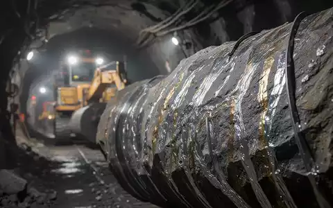 Nahaufnahme eines Bohrkerns mit metallischen Adern, unscharfer Hintergrund mit Bergbauausrüstung in einem Tunnel. - Foto: über boerse-global.de