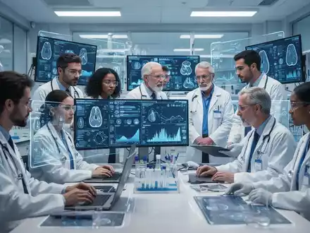 Eine Gruppe von Wissenschaftlern und Medizinern analysiert medizinische Daten auf Bildschirmen in einem modernen Labor. - Foto: über boerse-global.de