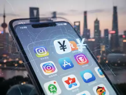 A smartphone screen showing app icons and a Chinese yuan symbol, with a blurred city skyline in the background. - Foto: über boerse-global.de