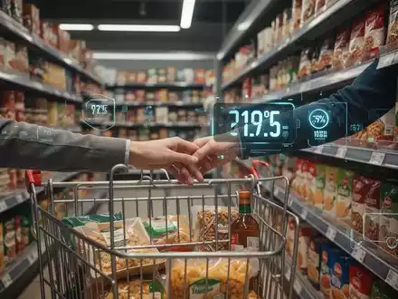 Eine Person greift in einem Supermarkt nach einem Produkt mit einem digitalen Preisschild, das einen Rabatt anzeigt. - Foto: über boerse-global.de