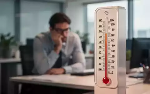 Ein Thermometer zeigt eine hohe Temperatur an, im unscharfen Hintergrund ist ein Büroangestellter zu sehen, der unter der Hitze leidet. - Foto: über boerse-global.de