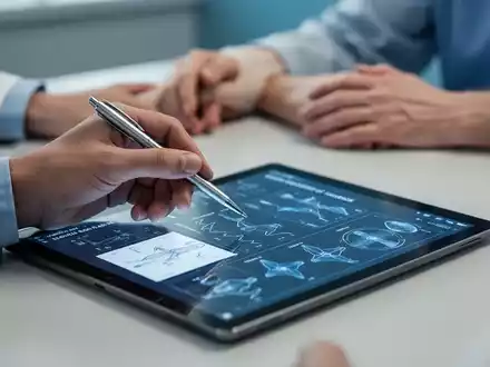 Eine Hand eines Arztes zeigt mit einem Stift auf ein Tablet mit medizinischen Diagrammen und Patientendaten. - Foto: über boerse-global.de