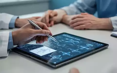 Eine Hand eines Arztes zeigt mit einem Stift auf ein Tablet mit medizinischen Diagrammen und Patientendaten. - Foto: über boerse-global.de