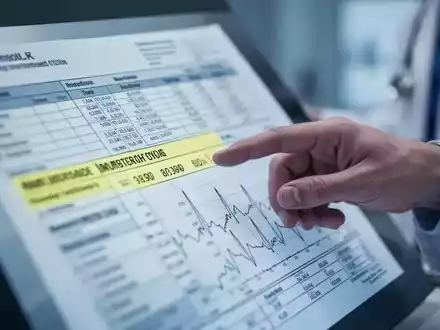 Nahaufnahme einer medizinischen Akte mit einer Hand, die auf Daten zeigt, symbolisiert medizinische Analyse und Diskussion. - Foto: über boerse-global.de