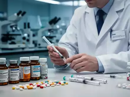 Ein Apotheker untersucht verschiedene Medikamente und Injektionspens auf einer Laborbank, die den pharmazeutischen Fortschritt symbolisieren. - Foto: über boerse-global.de