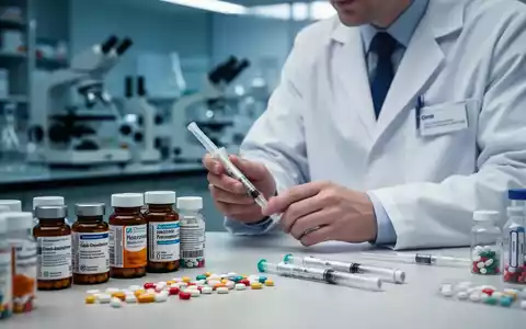 Ein Apotheker untersucht verschiedene Medikamente und Injektionspens auf einer Laborbank, die den pharmazeutischen Fortschritt symbolisieren. - Foto: über boerse-global.de