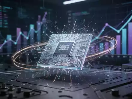 Ein stilisierter, leuchtender Quantenprozessor-Chip in einem dunklen Labor mit abstrakten Darstellungen von Finanzwachstum. - Foto: über boerse-global.de
