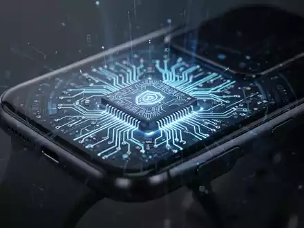 Nahaufnahme eines leuchtenden Mikrochips mit komplizierten Schaltkreisen, der in ein Smartphone eingebettet ist und Quantensicherheit symbolisiert. - Foto: über boerse-global.de