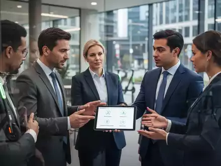 Geschäftsleute besprechen Mobilitätsbudgets auf einem Tablet in einem modernen Büro, mit Andeutungen nachhaltiger Verkehrsmittel. - Foto: über boerse-global.de