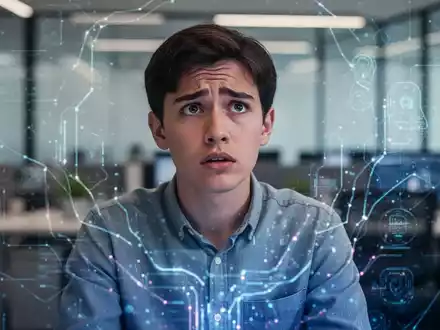 Eine nachdenkliche junge Person vor einem leuchtenden, abstrakten digitalen Interface, das KI-Elemente darstellt. - Foto: über boerse-global.de