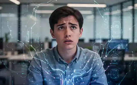 Eine nachdenkliche junge Person vor einem leuchtenden, abstrakten digitalen Interface, das KI-Elemente darstellt. - Foto: über boerse-global.de