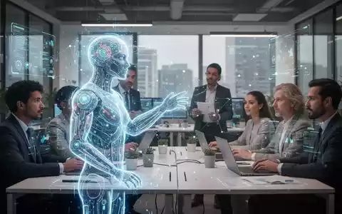 Ein futuristisches, holografisches KI-Agenten-Interface interagiert nahtlos mit menschlichen Teammitgliedern in einem modernen Büro. - Foto: über boerse-global.de