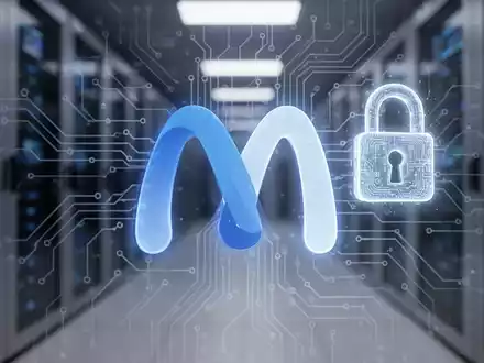 Meta's 'M' logo intertwined with circuit board elements and a digital lock, symbolizing AI security and government review. - Foto: über boerse-global.de