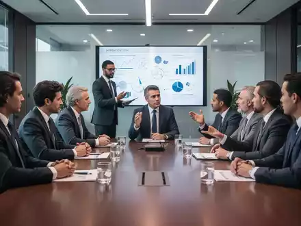 Eine diverse Gruppe von Führungskräften in einem modernen Vorstandssaal, die sich strategisch austauschen. - Foto: über boerse-global.de