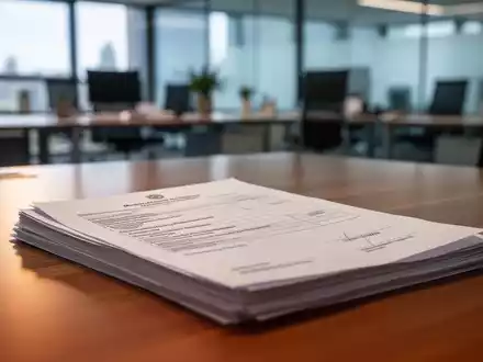 Ein verschwommener Bürohintergrund mit einem scharfen Fokus auf einen Stapel offizieller Dokumente oder ein Formular auf einem Holzschreibtisch. - Foto: über boerse-global.de