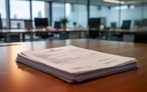 Ein verschwommener Bürohintergrund mit einem scharfen Fokus auf einen Stapel offizieller Dokumente oder ein Formular auf einem Holzschreibtisch. - Foto: über boerse-global.de