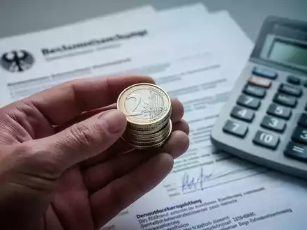 Eine Hand hält Euro-Münzen, im unscharfen Hintergrund sind offizielle Dokumente und ein Taschenrechner zu sehen. - Foto: über boerse-global.de