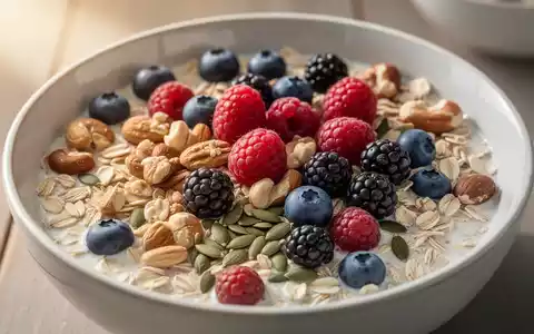 Eine Nahaufnahme einer Schale mit Haferflocken, Beeren, Nüssen und Samen, die eine ballaststoffreiche Ernährung symbolisiert. - Foto: über boerse-global.de