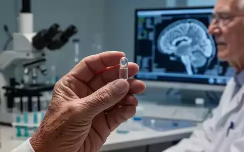 Eine Nahaufnahme einer älteren Hand, die eine Omega-3-Kapsel hält, mit unscharfem medizinischem Hintergrund und Gehirnscan. - Foto: über boerse-global.de