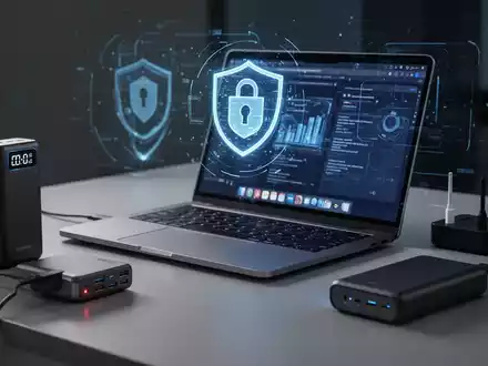 A modern laptop on a desk, surrounded by advanced charging accessories like a power bank, multi-port charger, and portable battery. - Foto: über boerse-global.de