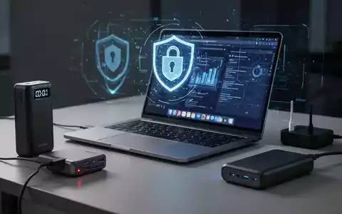 A modern laptop on a desk, surrounded by advanced charging accessories like a power bank, multi-port charger, and portable battery. - Foto: über boerse-global.de
