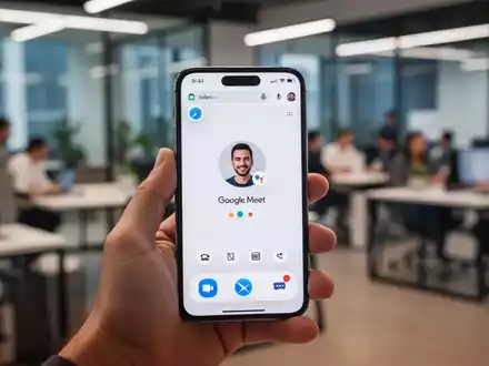 A hand holds an iPhone displaying the Google Meet interface in the Safari browser, symbolizing the new update for iOS users. - Foto: über boerse-global.de