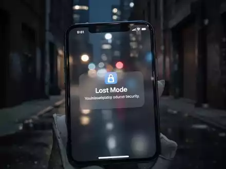 A close-up of an iPhone screen displaying 'Lost Mode' message, with a blurred dark alleyway in the background, symbolizing device security. - Foto: über boerse-global.de