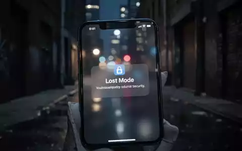 A close-up of an iPhone screen displaying 'Lost Mode' message, with a blurred dark alleyway in the background, symbolizing device security. - Foto: über boerse-global.de