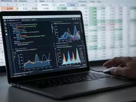 A laptop screen displaying Python code and data visualizations, with spreadsheet data blurred in the background, symbolizing data manipulation. - Foto: über boerse-global.de