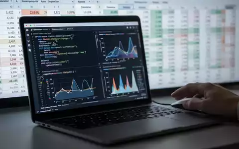 A laptop screen displaying Python code and data visualizations, with spreadsheet data blurred in the background, symbolizing data manipulation. - Foto: über boerse-global.de