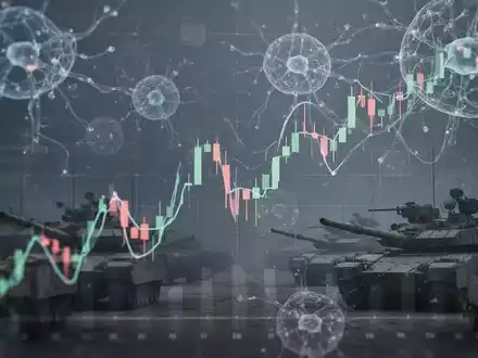 Grafische Darstellung eines fallenden Aktienindex, überlagert mit abstrakten Elementen von KI und Rüstung. Mute Farben. - Foto: über boerse-global.de