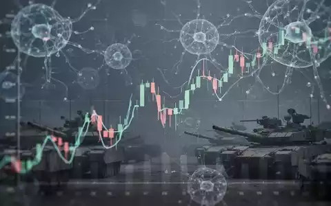 Grafische Darstellung eines fallenden Aktienindex, überlagert mit abstrakten Elementen von KI und Rüstung. Mute Farben. - Foto: über boerse-global.de