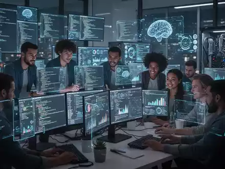 A diverse group of developers working together in a modern, high-tech office with glowing screens showing code and data. - Foto: über boerse-global.de