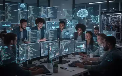 A diverse group of developers working together in a modern, high-tech office with glowing screens showing code and data. - Foto: über boerse-global.de