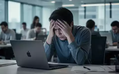 Eine gestresste Person mit dem Kopf in den Händen, die vor einem Laptop in einem modernen Büro sitzt. - Foto: über boerse-global.de