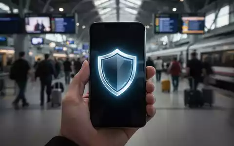 Ein Smartphone mit einem stilisierten Schildsymbol auf dem Bildschirm, sicher in einer Hand gehalten, im Hintergrund ein Flughafen. - Foto: über boerse-global.de