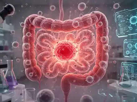 Nahaufnahme von entzündeten menschlichen Darmzellen unter dem Mikroskop, die komplexe zelluläre Strukturen und medizinische Forschung darstellen. - Foto: über boerse-global.de