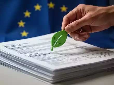 Eine Hand platziert ein stilisiertes grünes Blatt auf Finanzdokumenten, im Hintergrund die EU-Flagge, symbolisiert neue SFDR-Regeln. - Foto: über boerse-global.de