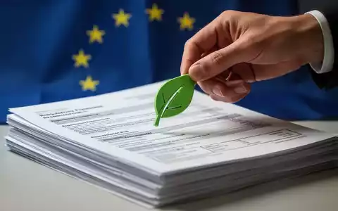 Eine Hand platziert ein stilisiertes grünes Blatt auf Finanzdokumenten, im Hintergrund die EU-Flagge, symbolisiert neue SFDR-Regeln. - Foto: über boerse-global.de