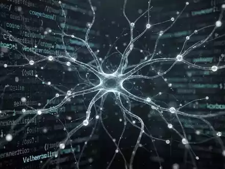 Ein stilisiertes, leuchtendes neuronales Netzwerkdiagramm überlagert verschwommenen digitalen Code, der KI und Cybersicherheit darstellt. - Foto: über boerse-global.de