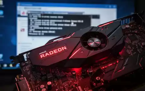 Close-up of a high-performance AMD Radeon graphics card with glowing red lights, circuit board details, and a blurred background. - Foto: über boerse-global.de