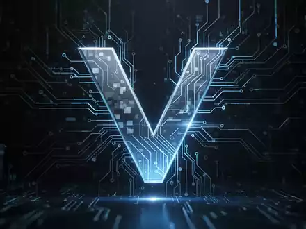 A stylized letter 'V' icon, representing Vanguard, integrated with abstract circuit board patterns and glowing blue lines. - Foto: über boerse-global.de