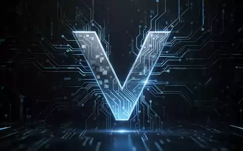 A stylized letter 'V' icon, representing Vanguard, integrated with abstract circuit board patterns and glowing blue lines. - Foto: über boerse-global.de