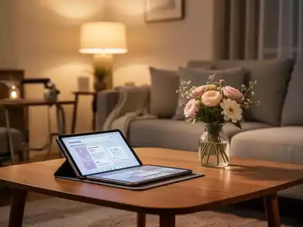 Ein gemütlicher, barrierefreier Wohnraum mit modernen Möbeln und einem Tablet auf einem Tisch, der häusliche Pflege und Autonomie symbolisiert. - Foto: über boerse-global.de