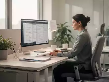 Ein modernes, ergonomisches Büroarbeitsplatz-Setup mit einer Person, die an einem Computer arbeitet, in einer ruhigen und produktiven Atmosphäre. - Foto: über boerse-global.de